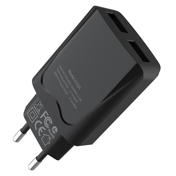 Адаптер 220v to USB 2100mA Hoco С52A, 2.1A черный - фото №1