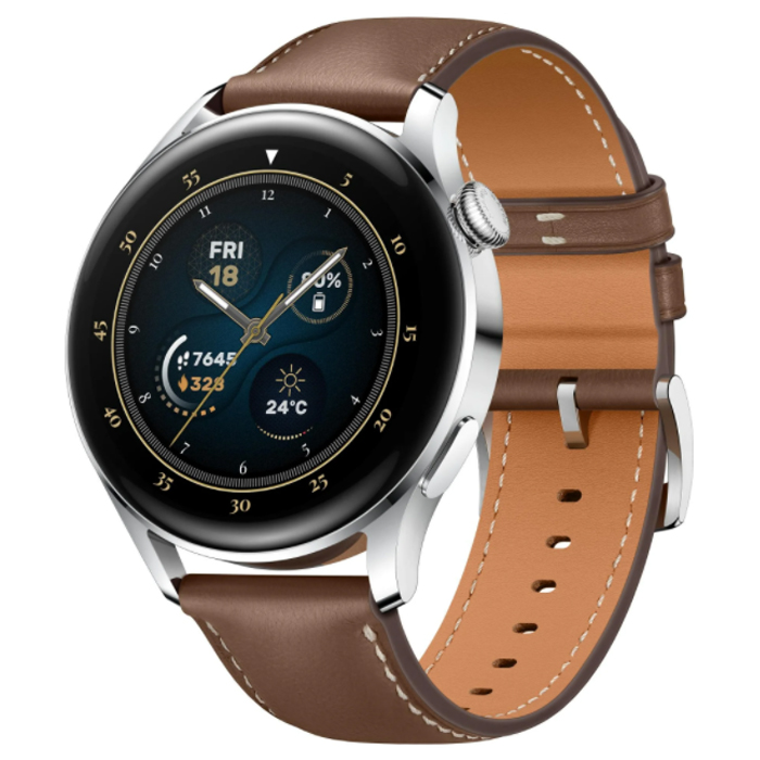 Смарт-часы Huawei Watch 3 Classic Wi-Fi NFC, серебристые/коричневая кожа - фото №1